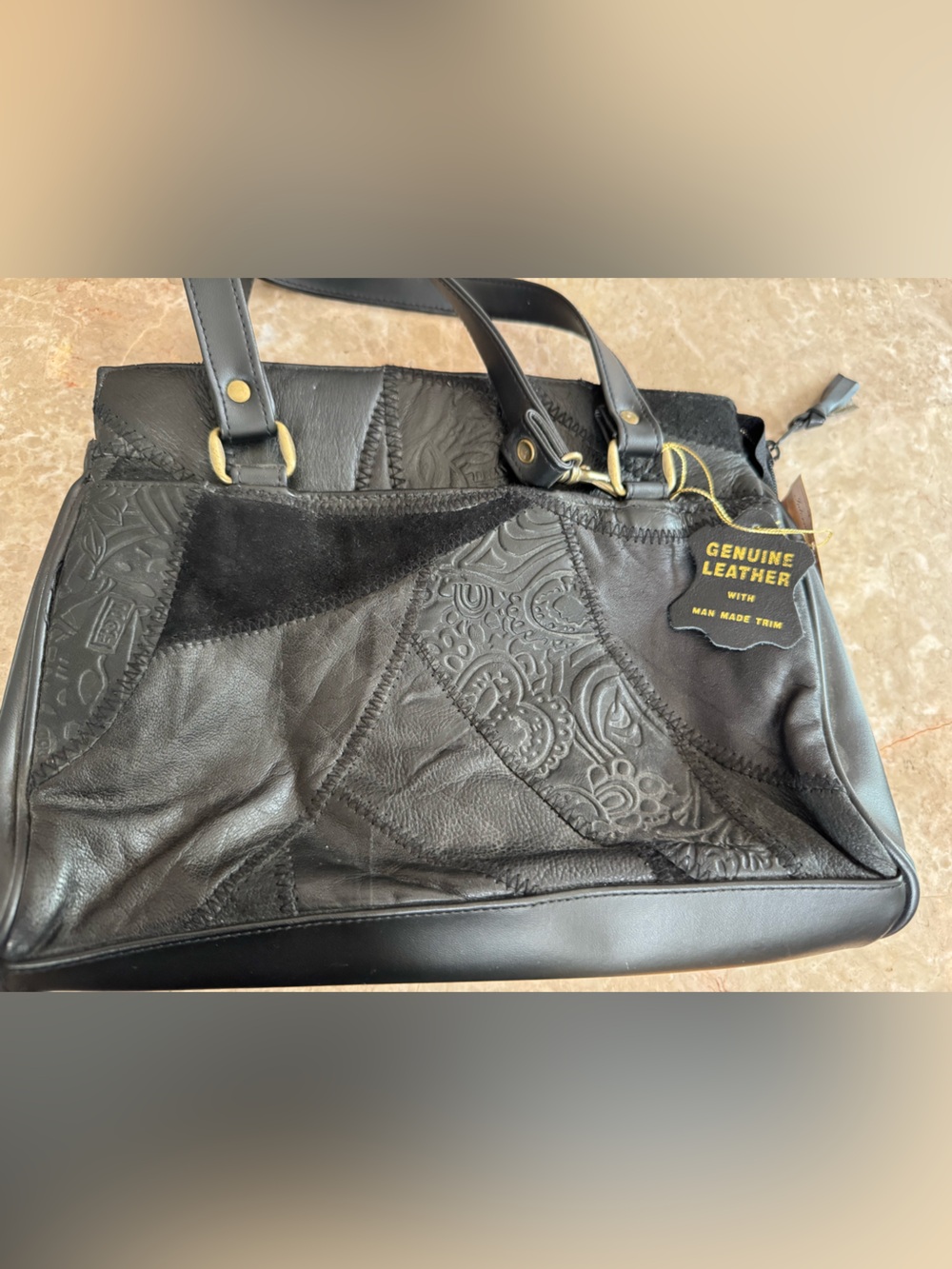 Vintage 80s genuine leather patchwork bag black imposted Boho purse NOS